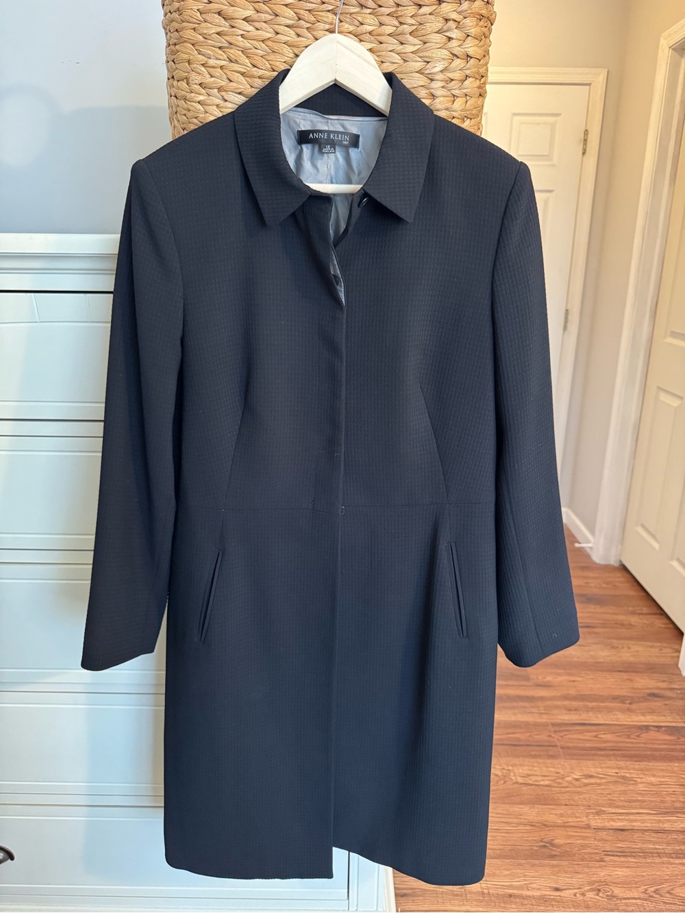 Anne Klein Textured Black Coat Size 12 Button Front Long Jacket Career